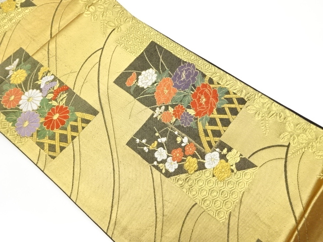 JAPANESE KIMONO / VINTAGE FUKURO OBI / WOVEN FLOWER & TRADITIONAL PATTERN